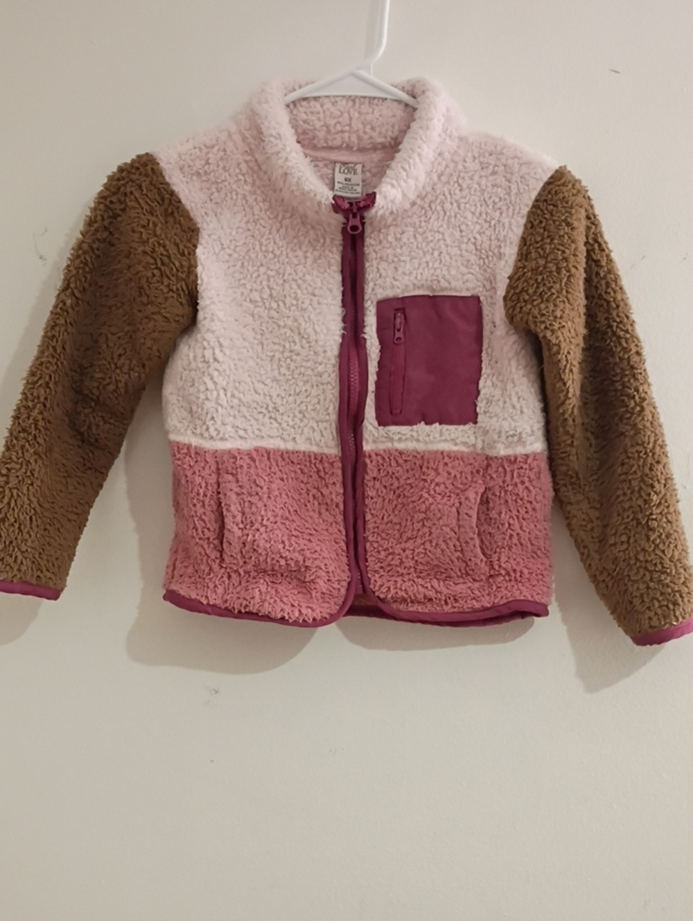 Girls' Colorblock Sherpa Jacket in Pink, Brown & Cream